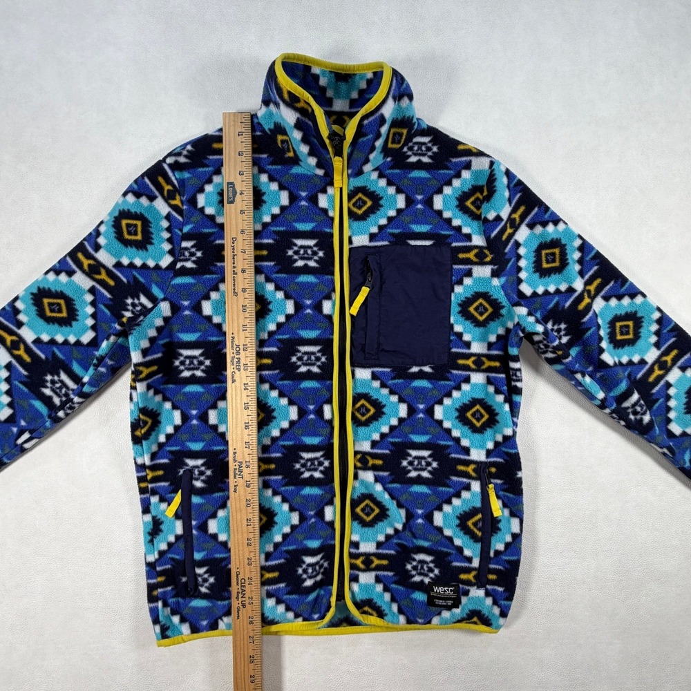 WESC Mens Medium Geometric Fleece Jacket Blue Yellow Aztec Southwestern Zip Up - Picture 6 of 16